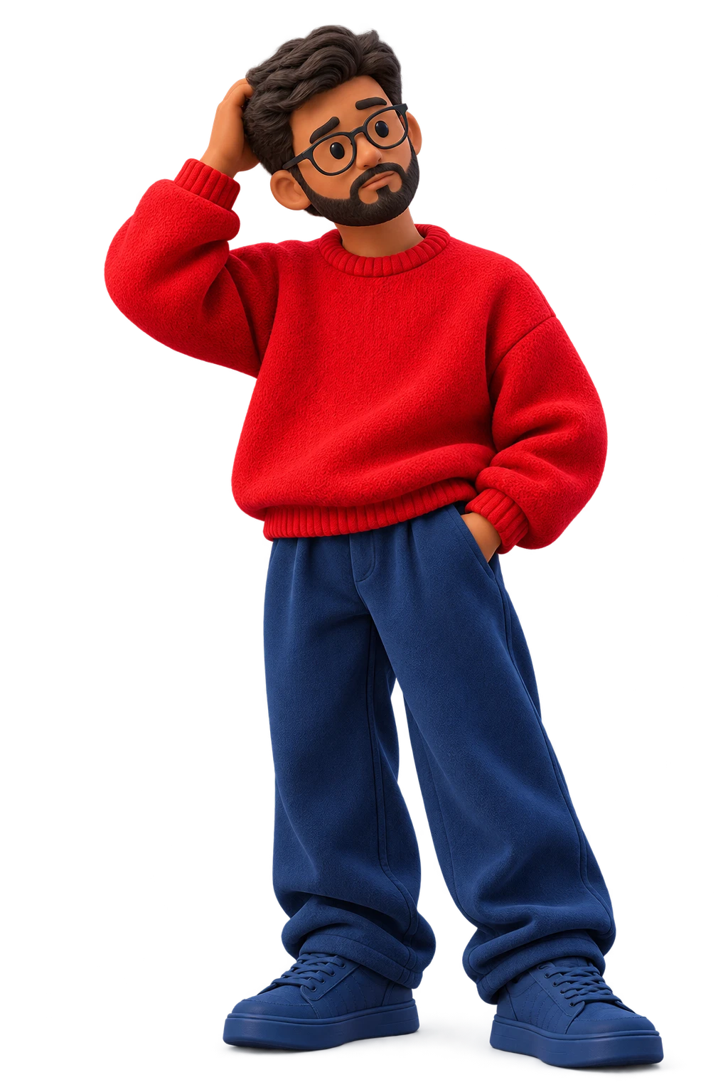 Character scratching his head, thinking about a question